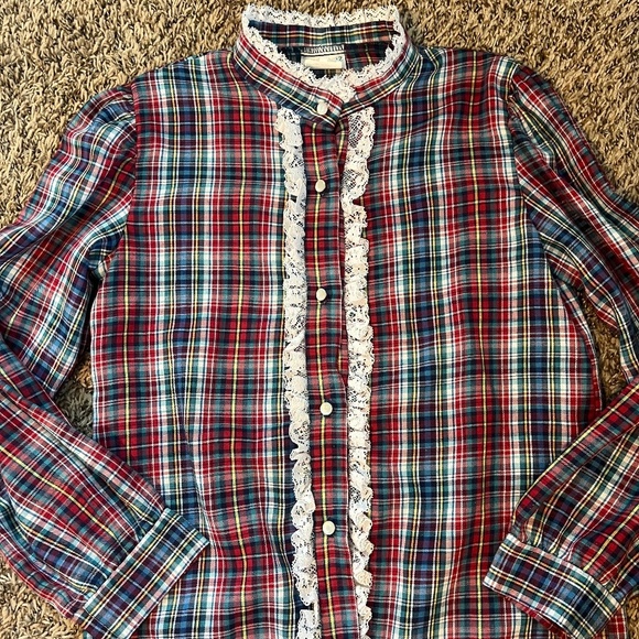 Vintage girls sears christmas button front lace collar plaid top size 12 - Picture 1 of 4